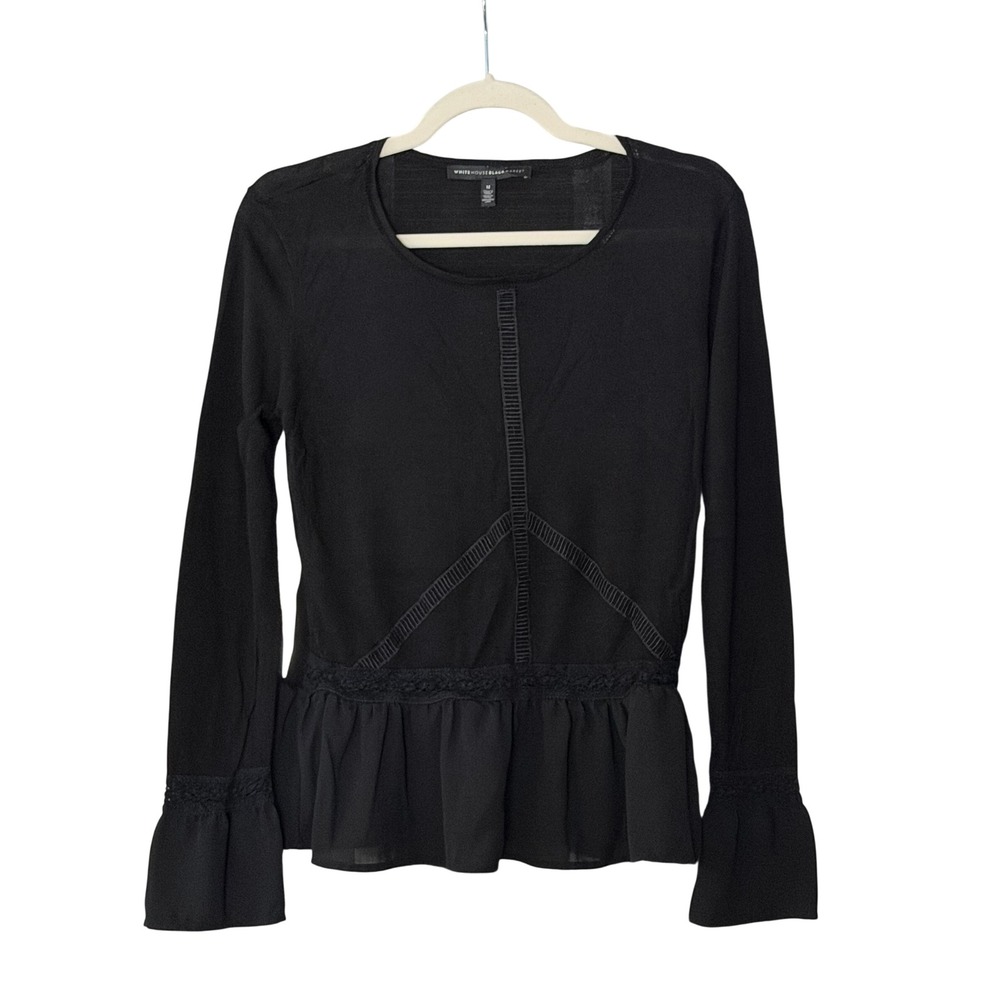 White House Black Market Women's M Black Bell Sleeve Peplum Knit Top | SKU 1152